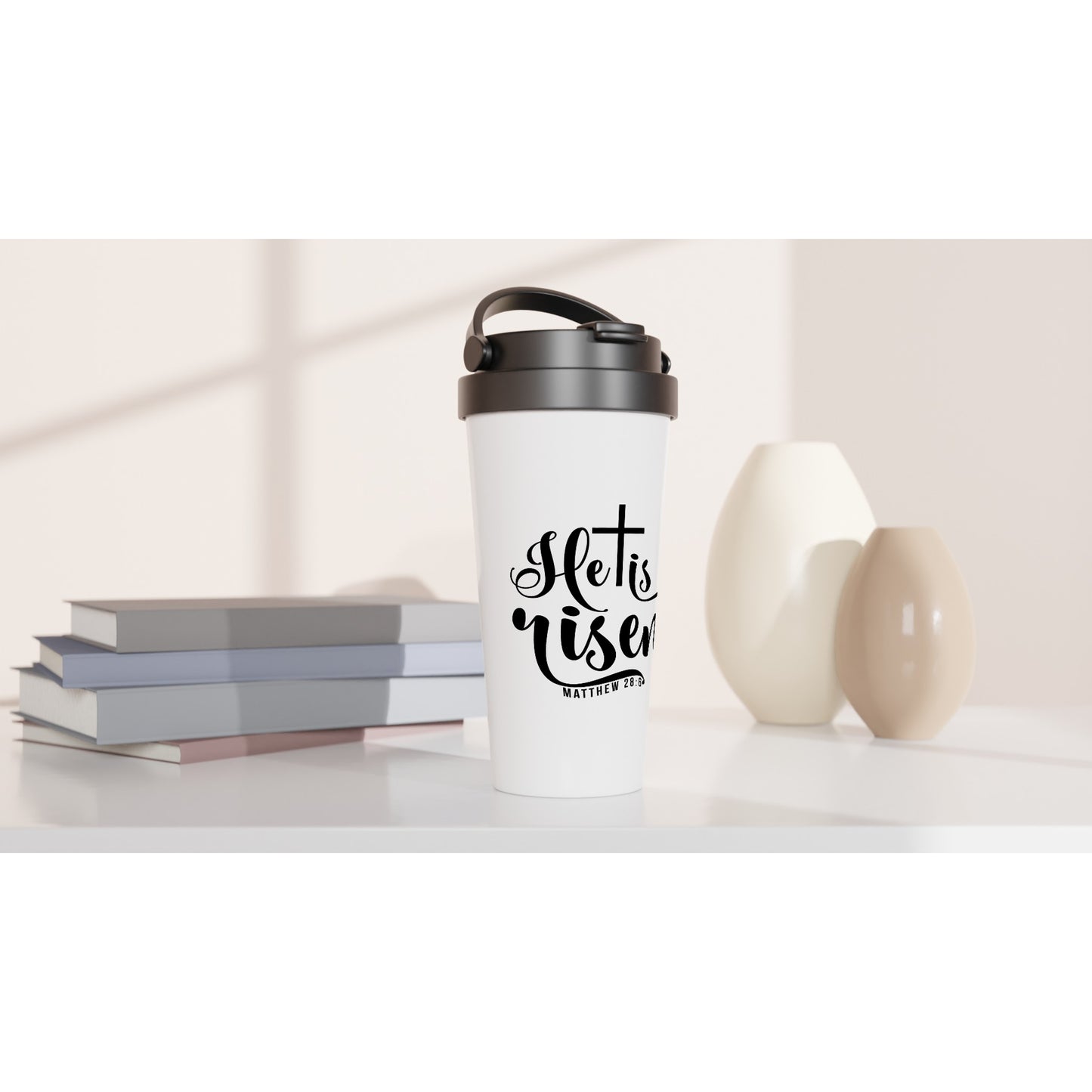 He is Risen (Matthew 20:6) - White 15oz Stainless Steel Travel Mug