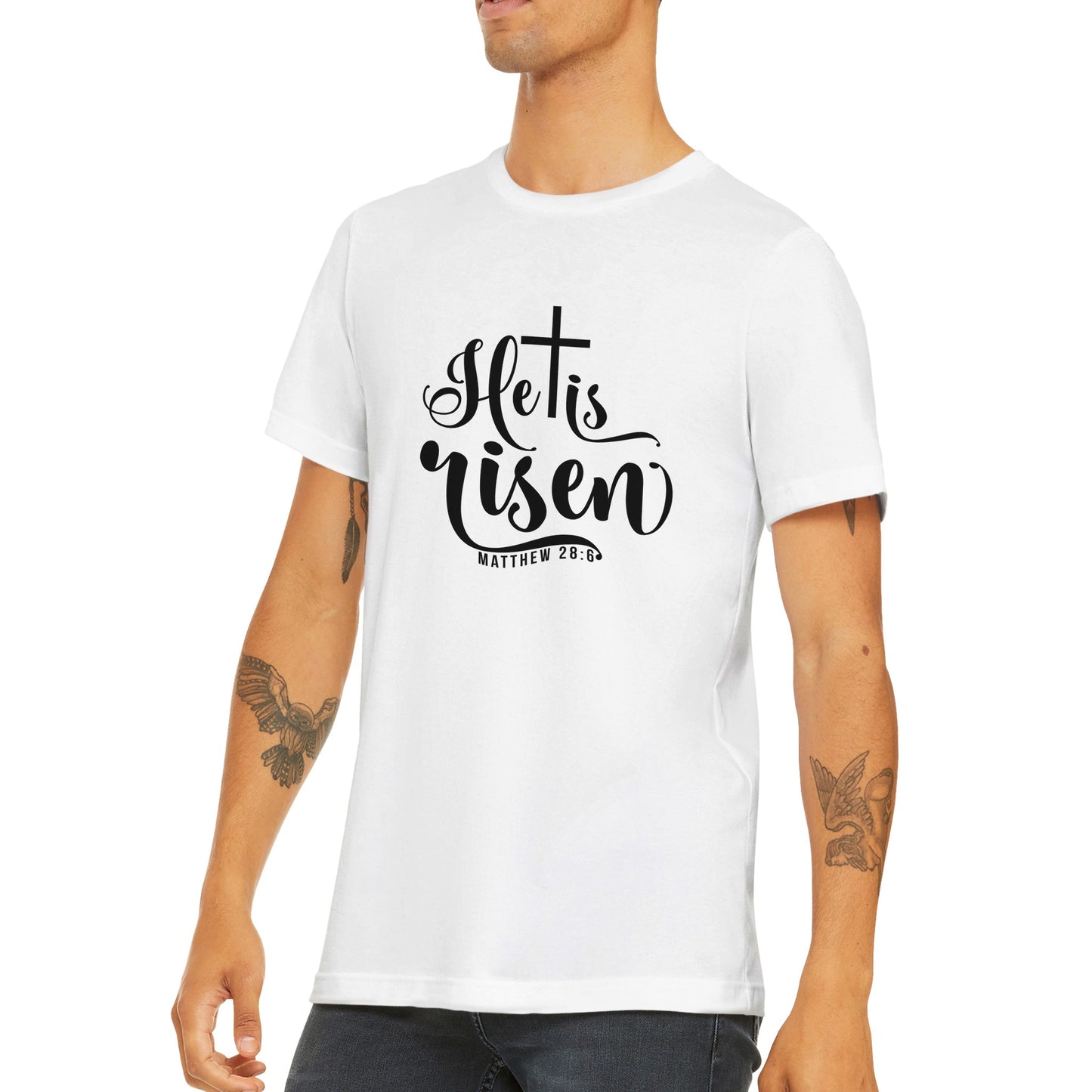 He is Risen (Matthew 20:6) - Premium Unisex Crewneck T-shirt