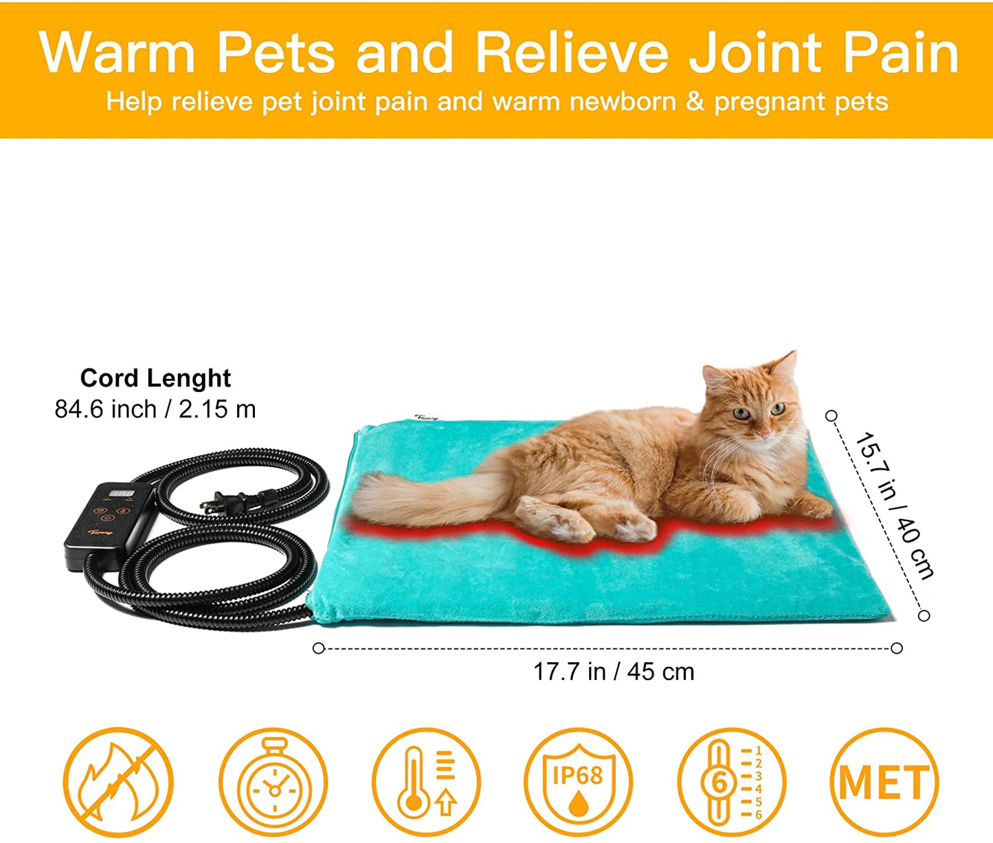 Pet Heating Pad, Temperature Adjustable Dog Cat Heating Pad with Timer, Waterproof Pet Heating Pad